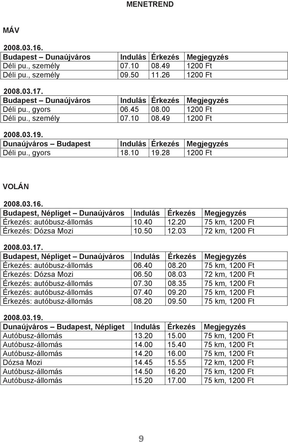 , gyors 18.10 19.28 1200 Ft VOLÁN 2008.03.16. Budapest, Népliget Dunaújváros Indulás Érkezés Megjegyzés Érkezés: autóbusz-állomás 10.40 12.20 75 km, 1200 Ft Érkezés: Dózsa Mozi 10.50 12.