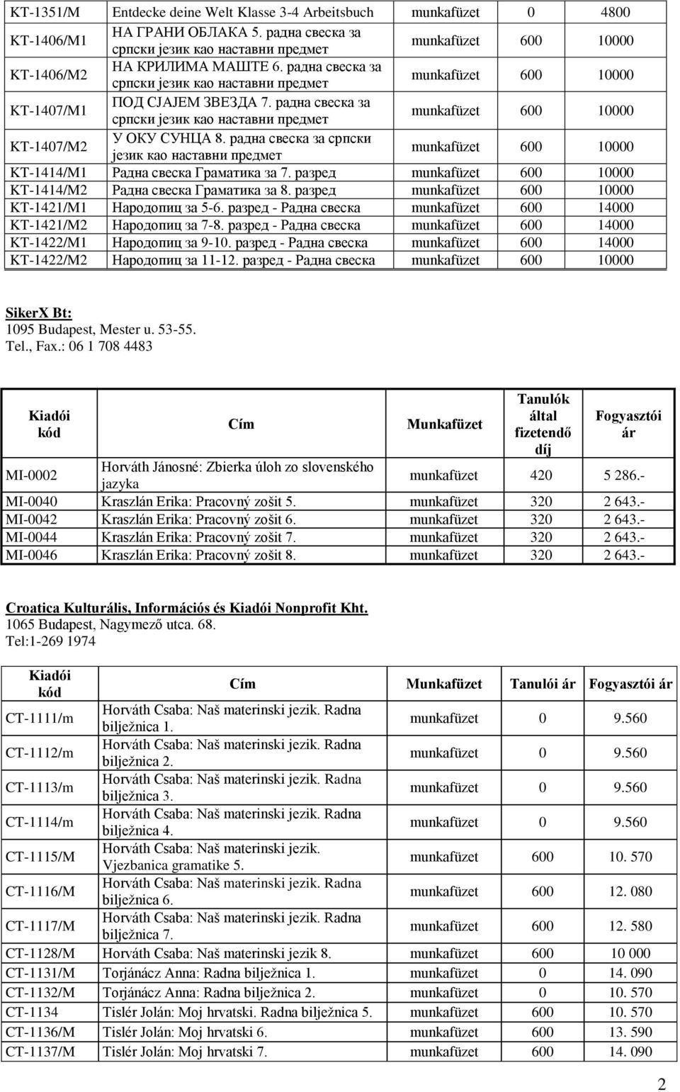 радна свеска за српски језик као наставни предмет munkafüzet 600 10000 KT-1407/M1 ПОД СЈАЈЕМ ЗВЕЗДА 7. радна свеска за српски језик као наставни предмет munkafüzet 600 10000 KT-1407/M2 У ОКУ СУНЦА 8.