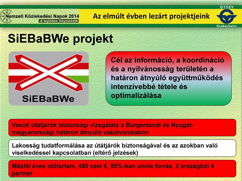 és Nyugatmagyarországi határon átnyúló vasútvonalakon Lakosság tudatformálása az útátjárók biztonságával és az azokban