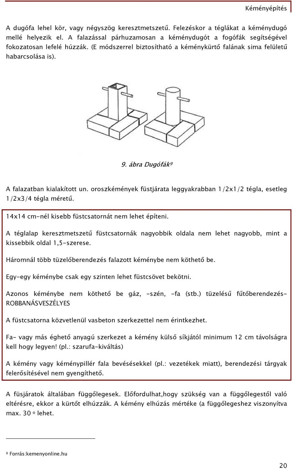 oroszkémények füstjárata leggyakrabban 1/2x1/2 tégla, esetleg 1/2x3/4 tégla méretű. 14x14 cm-nél kisebb füstcsatornát nem lehet építeni.