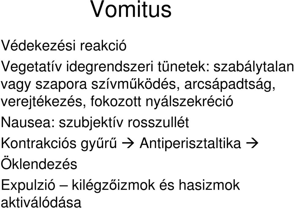 fokozott nyálszekréció Nausea: szubjektív rosszullét Kontrakciós
