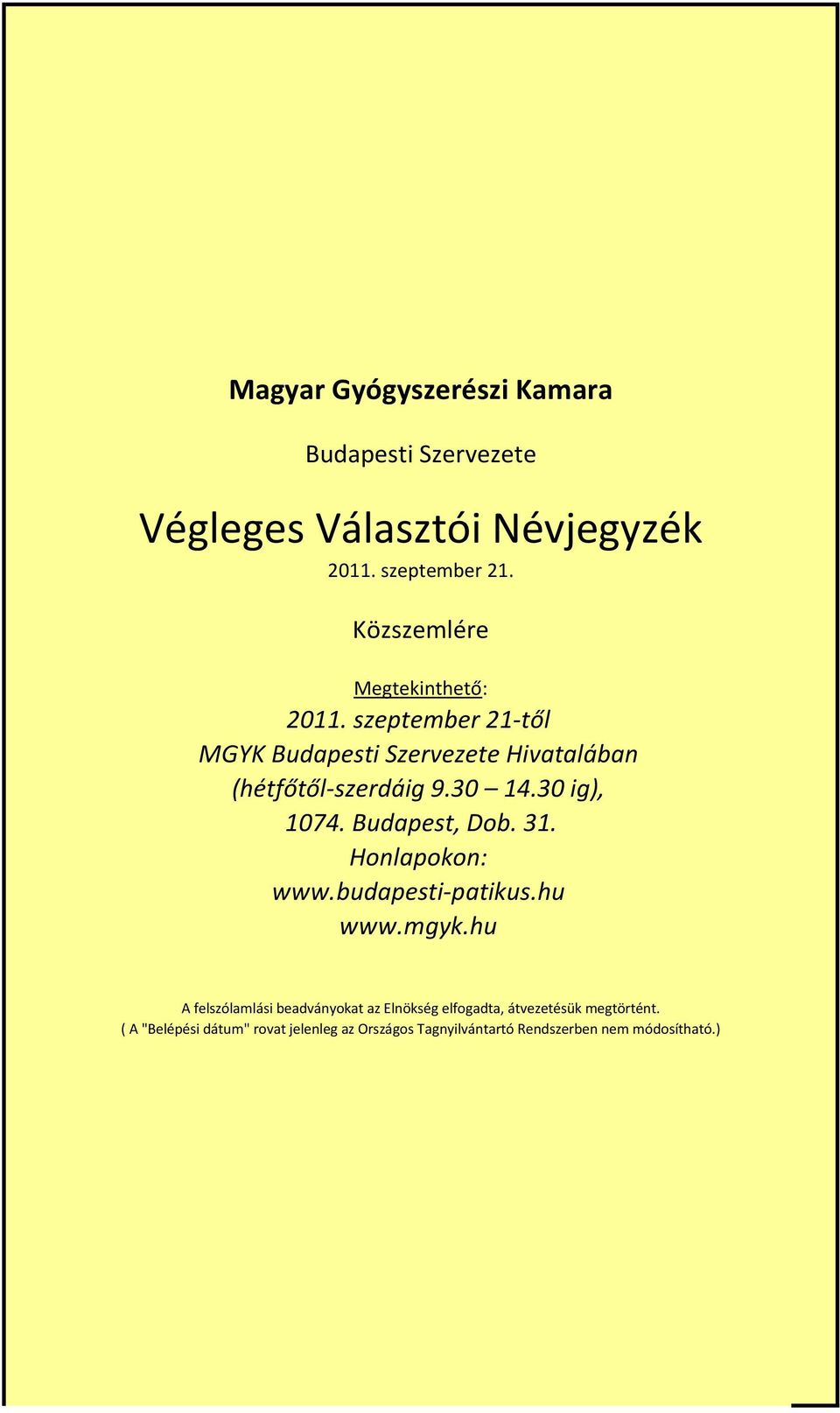30 14.30 ig), 1074. Budapest, Dob. 31. Honlapokon: www.budapesti-patikus.hu www.mgyk.