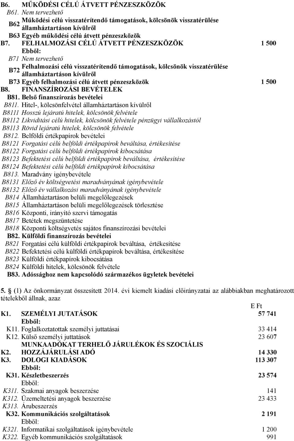 FELHALMOZÁSI CÉLÚ ÁTVETT PÉNZESZKÖZÖK 1 500 B71 Nem tervezhető Felhalmozási célú visszatérítendő támogatások, kölcsönök visszatérülése B72 államháztartáson kívülről B73 Egyéb felhalmozási célú átvett