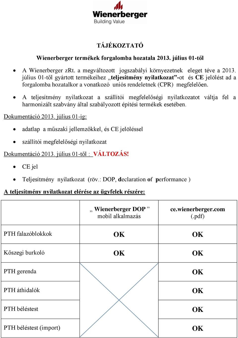 A teljesítmény nyilatkozat a szállítói megfelelőségi nyilatkozatot váltja fel a harmonizált szabvány által szabályozott építési termékek esetében. Dokumentáció 2013.