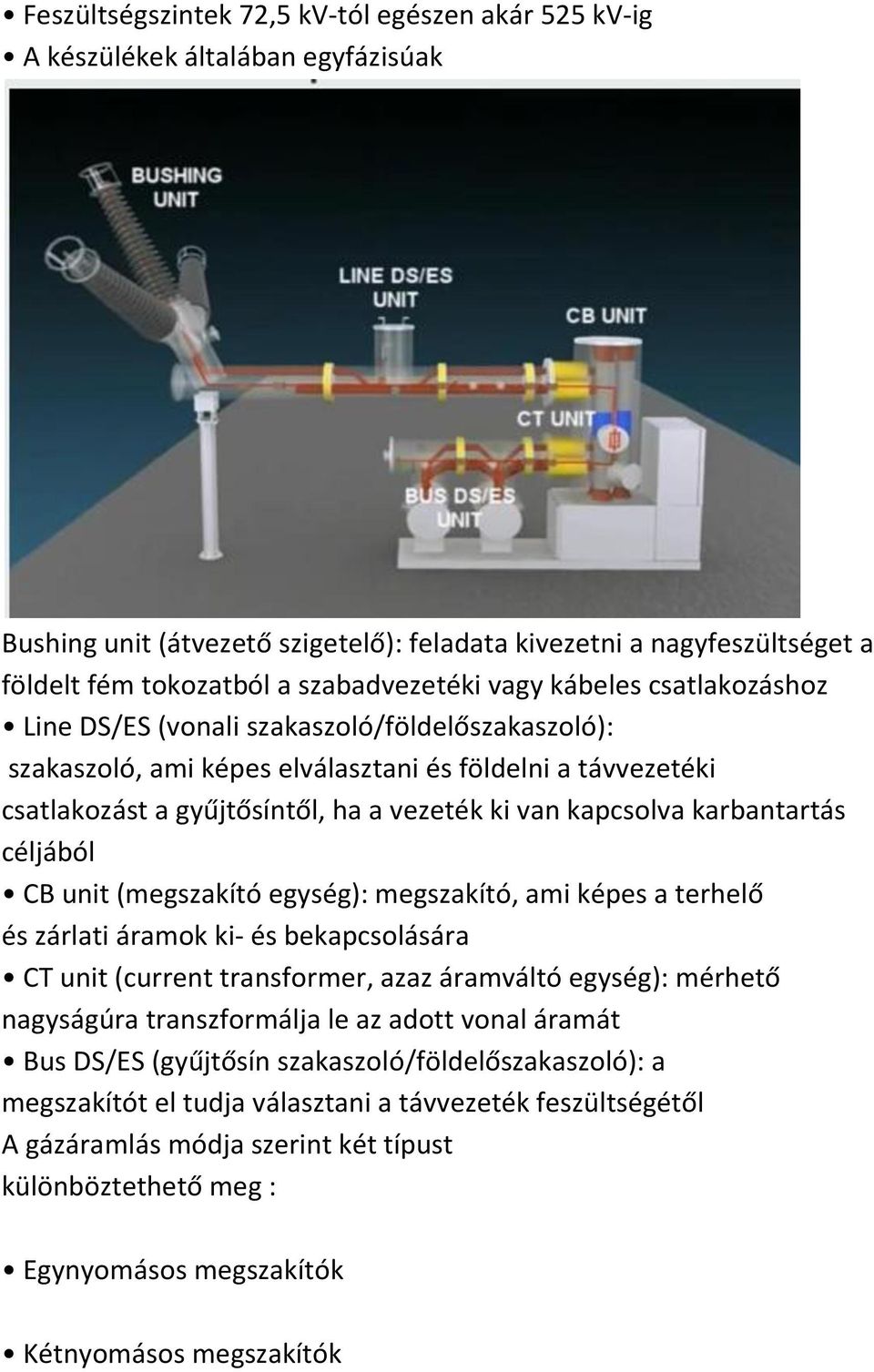 van kapcsolva karbantartás céljából CB unit (megszakító egység): megszakító, ami képes a terhelő és zárlati áramok ki- és bekapcsolására CT unit (current transformer, azaz áramváltó egység): mérhető