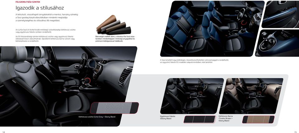 Az EX felszereltségi szinten kéttónusú szürke vagy egytónusú fekete üléskárpit közül választhatnak. Opcióként kéttónusú barna szövet vagy bőrkárpitozás is rendelhető.