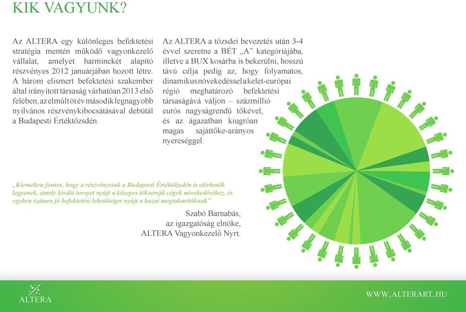 Az ALTERA a tőzsdei bevezetés után 3-4 évvel szeretne a BÉT A kategóriájába, illetve a BUX kosárba is bekerülni, hosszú távú célja pedig az, hogy folyamatos, dinamikus növekedéssel a kelet-európai