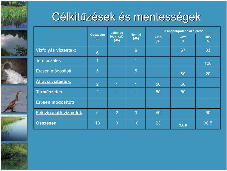 Erősen módosított 5 5 80 20 Állóvíz víztestek: 2 1 1 50 50 Természetes 2 1 1 50