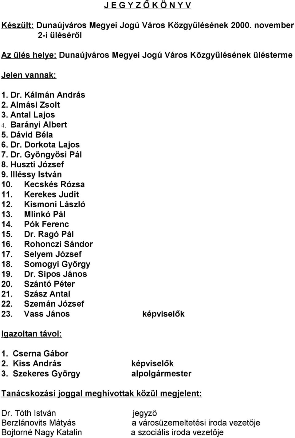 Kismoni László 13. Mlinkó Pál 14. Pók Ferenc 15. Dr. Ragó Pál 16. Rohonczi Sándor 17. Selyem József 18. Somogyi György 19. Dr. Sipos János 20. Szántó Péter 21. Szász Antal 22. Szemán József 23.
