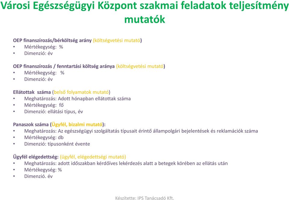 Panaszok száma (Ügyfél, bizalmi mutató): Meghatározás: Az egészségügyi szolgáltatás típusait érintő állampolgári bejelentések és reklamációk száma Mértékegység: db