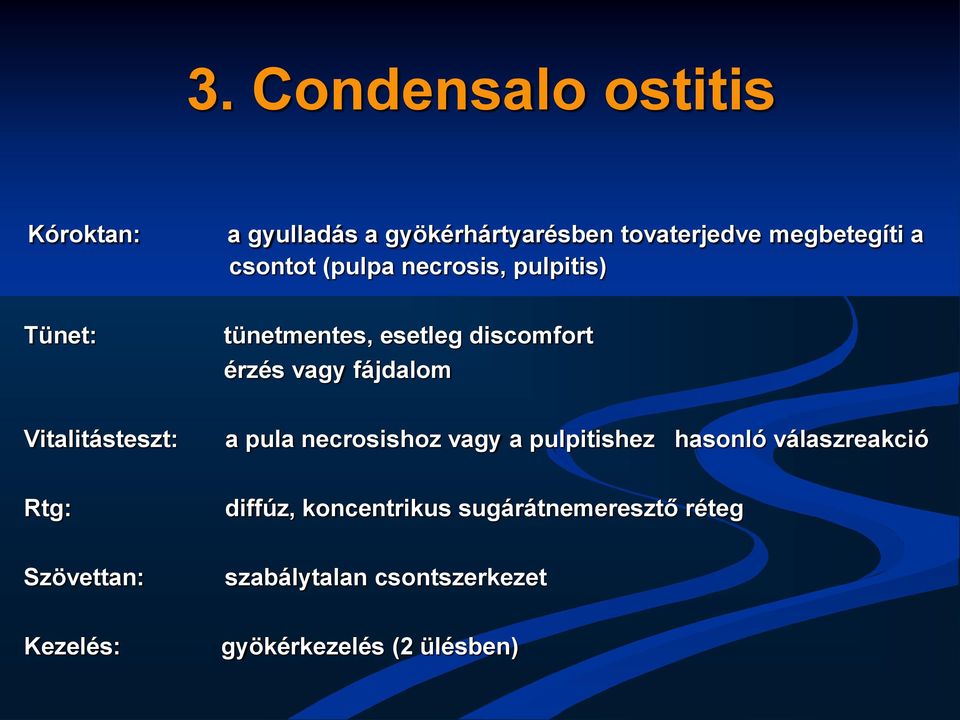 Vitalitásteszt: a pula necrosishoz vagy a pulpitishez hasonló válaszreakció Rtg: diffúz,