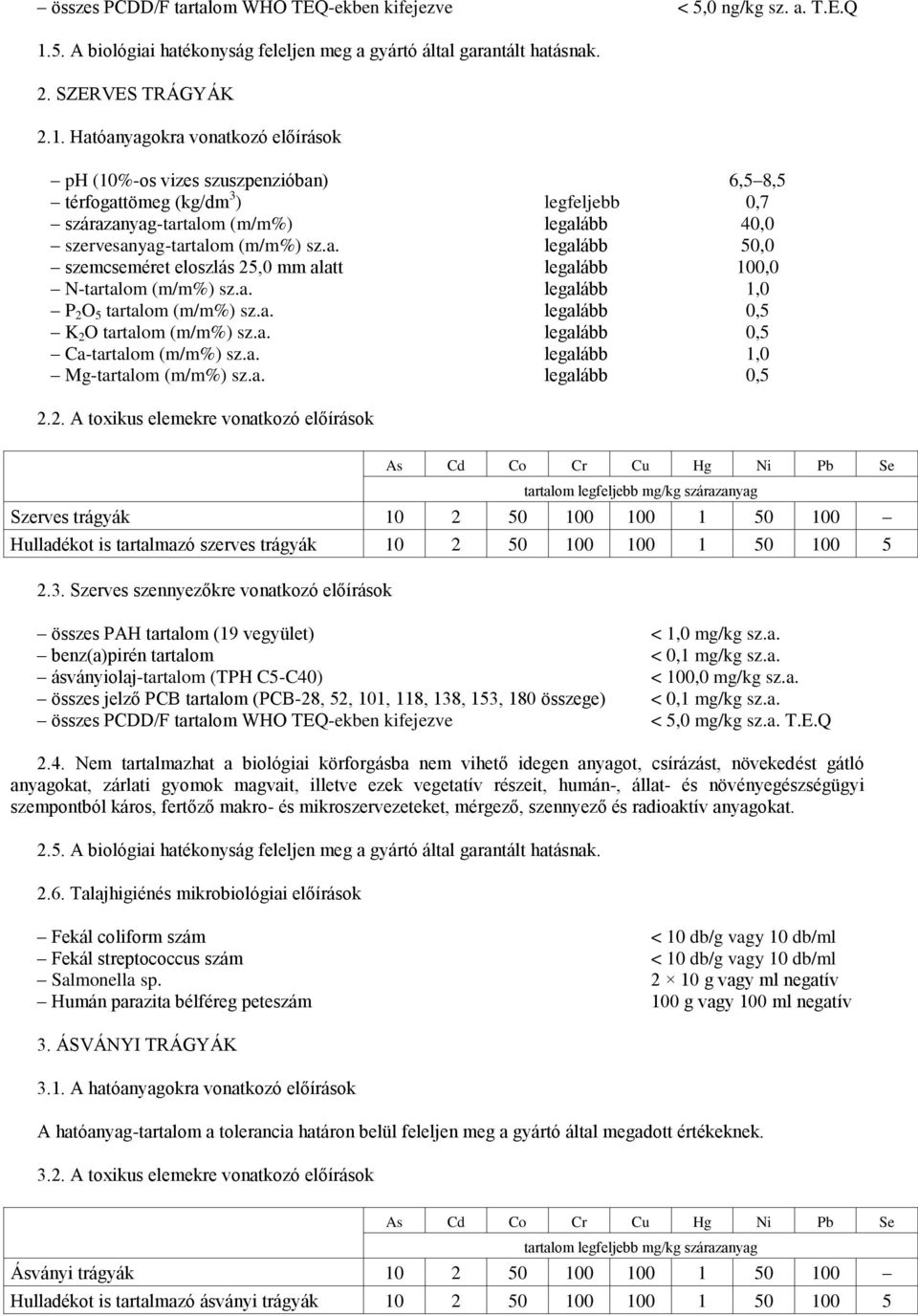 Hatóanyagokra vonatkozó előírások ph (10%-os vizes szuszpenzióban) 6,5 8,5 térfogattömeg (kg/dm 3 ) legfeljebb 0,7 szárazanyag-tartalom (m/m%) legalább 40,0 szervesanyag-tartalom (m/m%) sz.a. legalább 50,0 szemcseméret eloszlás 25,0 mm alatt legalább 100,0 N-tartalom (m/m%) sz.