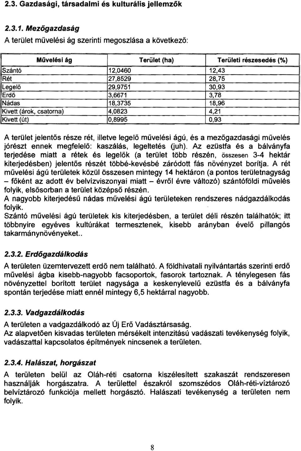 18,3735 18,96 Kivett (árok, csatorna) 4,0823 4,21 Kivett (út) 0,8995 0,93 A terület jelentős része rét, illetve legelő művelési ágú, és a mezőgazdasági művelés jórészt ennek megfelelő: kaszálás,