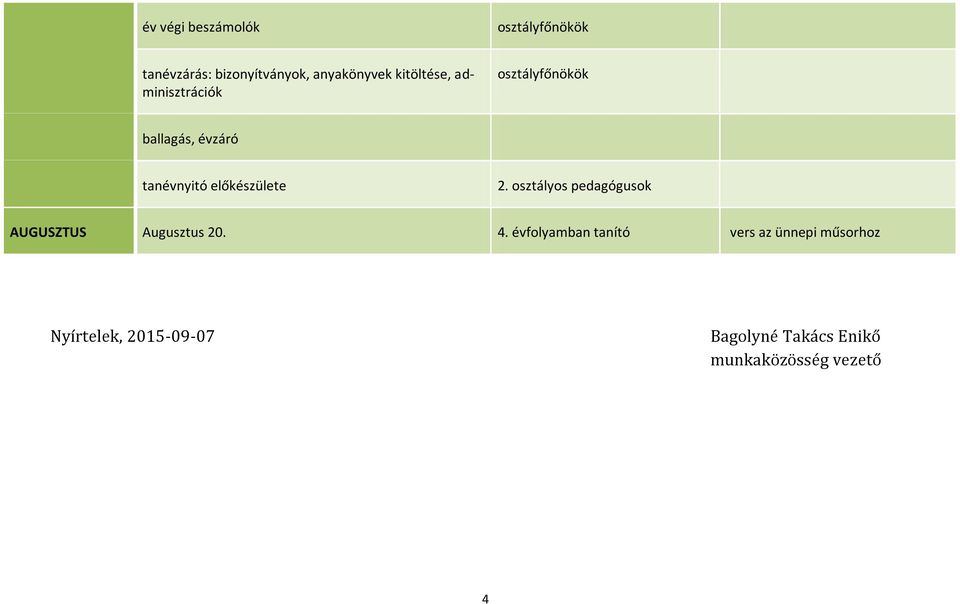 előkészülete 2. osztályos pedagógusok AUGUSZTUS Augusztus 20. 4.
