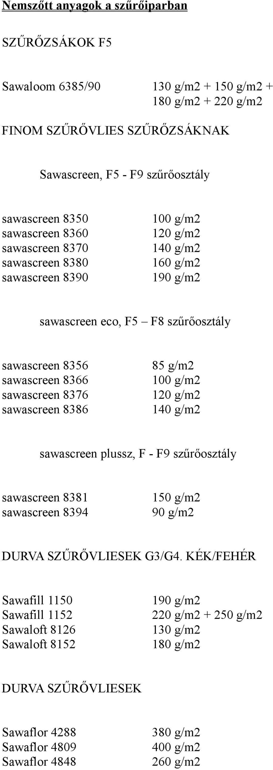 sawascreen 8386 85 g/m2 100 g/m2 120 g/m2 140 g/m2 sawascreen plussz, F - F9 szűrőosztály sawascreen 8381 sawascreen 8394 150 g/m2 90 g/m2 DURVA SZŰRŐVLIESEK G3/G4.