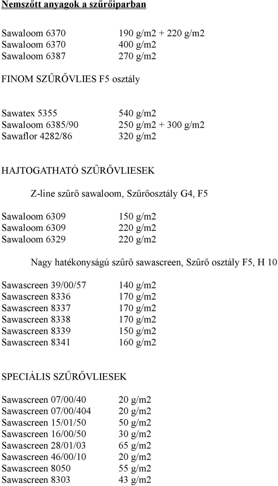 10 Sawascreen 39/00/57 Sawascreen 8336 Sawascreen 8337 Sawascreen 8338 Sawascreen 8339 Sawascreen 8341 140 g/m2 170 g/m2 170 g/m2 170 g/m2 150 g/m2 160 g/m2 SPECIÁLIS SZŰRŐVLIESEK Sawascreen