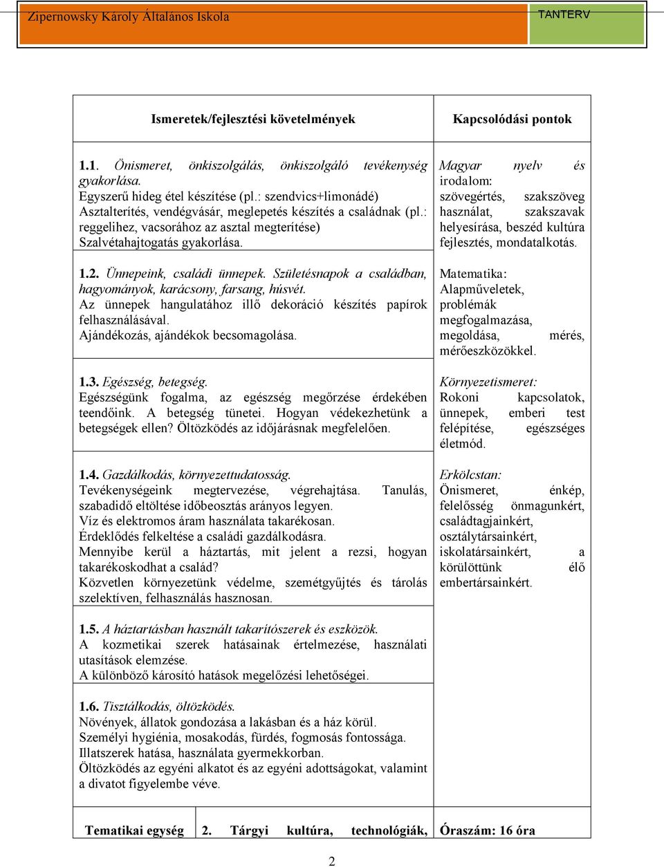 Magyar nyelv és irodalom: szövegértés, szakszöveg használat, szakszavak helyesírása, beszéd kultúra fejlesztés, mondatalkotás. 1.2. Ünnepeink, családi ünnepek.