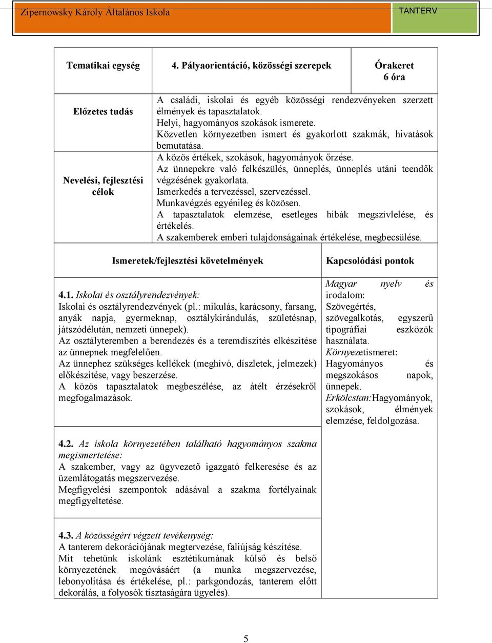 Az ünnepekre való felkészülés, ünneplés, ünneplés utáni teendők végzésének gyakorlata. Ismerkedés a tervezéssel, szervezéssel. Munkavégzés egyénileg és közösen.