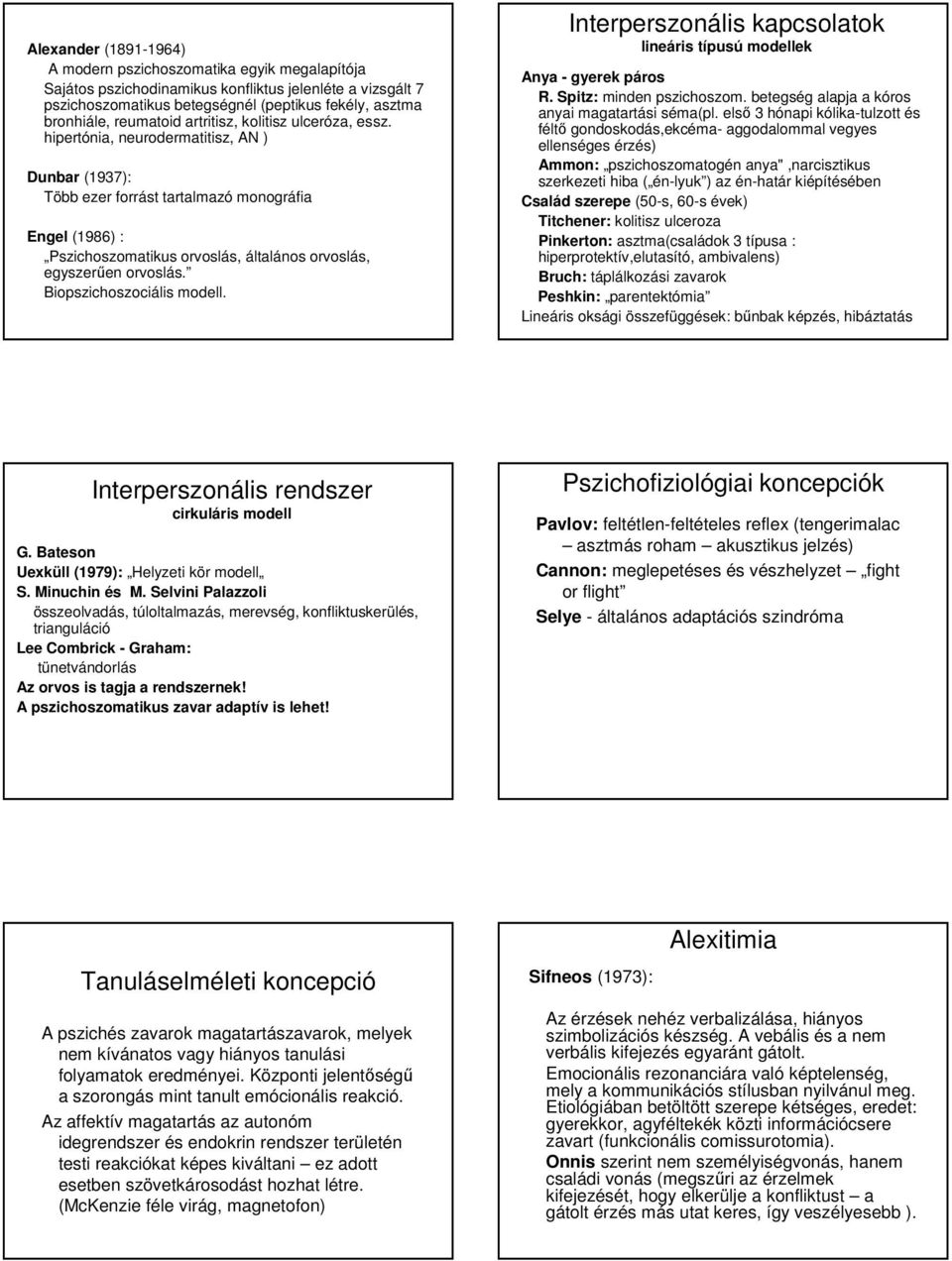 hipertónia, neurodermatitisz, AN ) Dunbar (1937): Több ezer forrást tartalmazó monográfia Engel (1986) : Pszichoszomatikus orvoslás, általános orvoslás, egyszerően orvoslás.