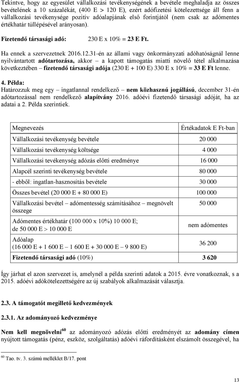31-én az állami vagy önkormányzati adóhatóságnál lenne nyilvántartott adótartozása, akkor a kapott támogatás miatti növelő tétel alkalmazása következtében fizetendő társasági adója (230 E + 100 E)