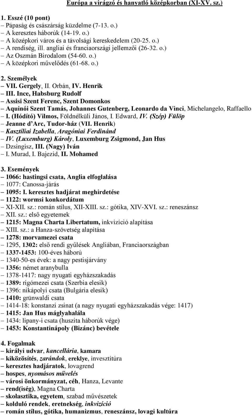 Ince, Habsburg Rudolf Assisi Szent Ferenc, Szent Domonkos Aquinói Szent Tamás, Johannes Gutenberg, Leonardo da Vinci, Michelangelo, Raffaello I. (Hódító) Vilmos, Földnélküli János, I. Edward, IV.