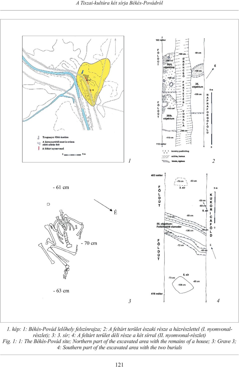 nyomvonalrészlet); 3: 3. sír; 4: A feltárt terület déli része a két sírral (II. nyomvonal-részlet) Fig.