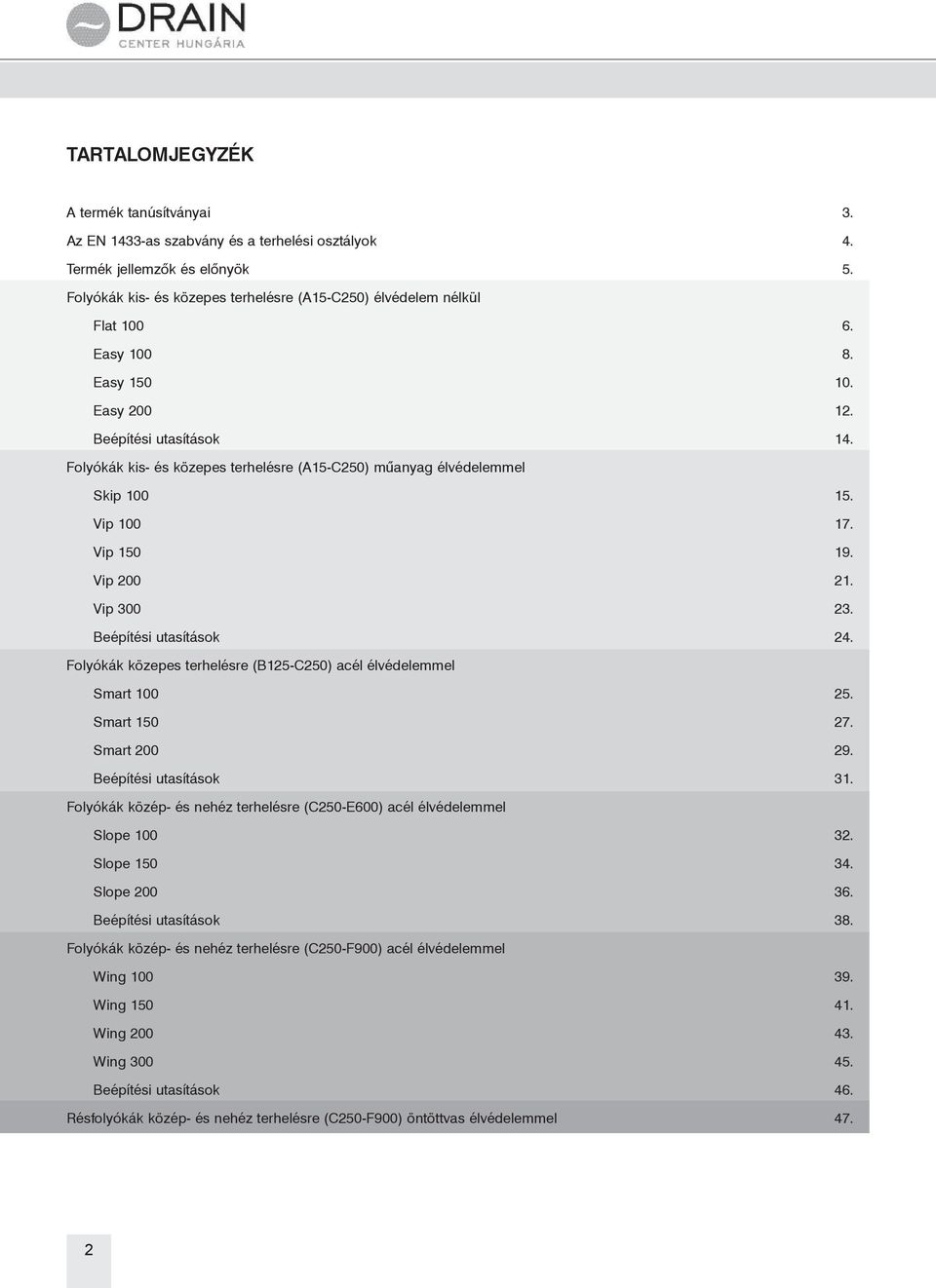 Beépítési utasítások 24. Folyókák közepes terhelésre (B125-C250) Smart 100 25. Smart 150 27. Smart 200 29. Beépítési utasítások 31. Folyókák közép- és nehéz terhelésre (C250-E600) Slope 100 32.