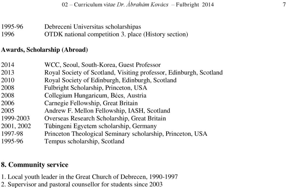 Edinburgh, Edinburgh, Scotland 2008 Fulbright Scholarship, Princeton, USA 2008 Collegium Hungaricum, Bécs, Austria 2006 Carnegie Fellowship, Great Britain 2005 Andrew F.