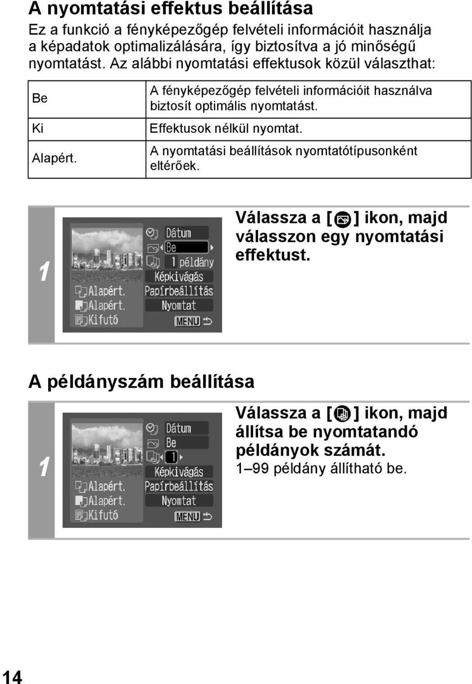 A fényképezőgép felvételi információit használva biztosít optimális nyomtatást. Effektusok nélkül nyomtat.