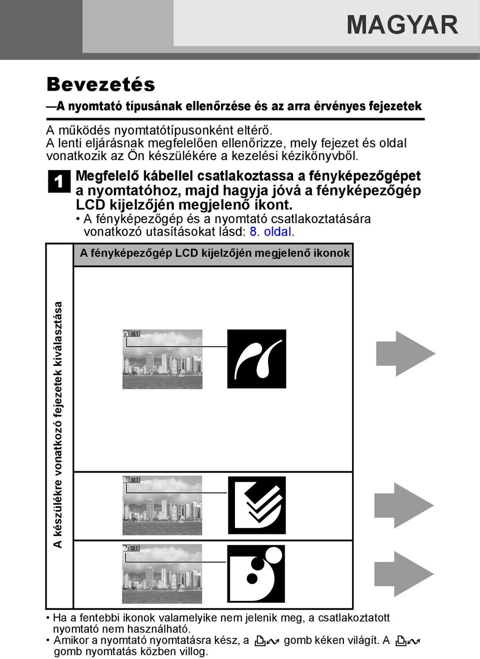 Megfelelő kábellel csatlakoztassa a fényképezőgépet a nyomtatóhoz, majd hagyja jóvá a fényképezőgép LCD kijelzőjén megjelenő ikont.