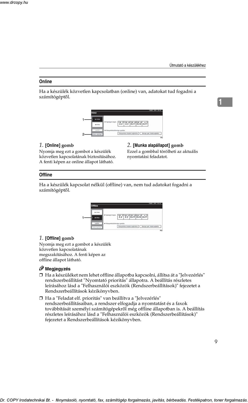 . [Munka alapállapot] gomb Ezzel a gombbal törölheti az aktuális nyomtatási feladatot. Offline Ha a készülék kapcsolat nélkül (offline) van, nem tud adatokat fogadni a számítógéptõl. 1.