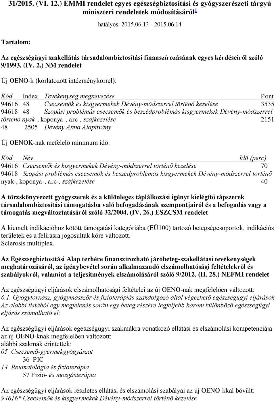 ) NM rendelet Új OENO-k (korlátozott intézménykörrel): Kód Index Tevékenység megnevezése Pont 94616 48 Csecsemők és kisgyermekek Dévény-módszerrel történő kezelése 3535 94618 48 Szopási problémás