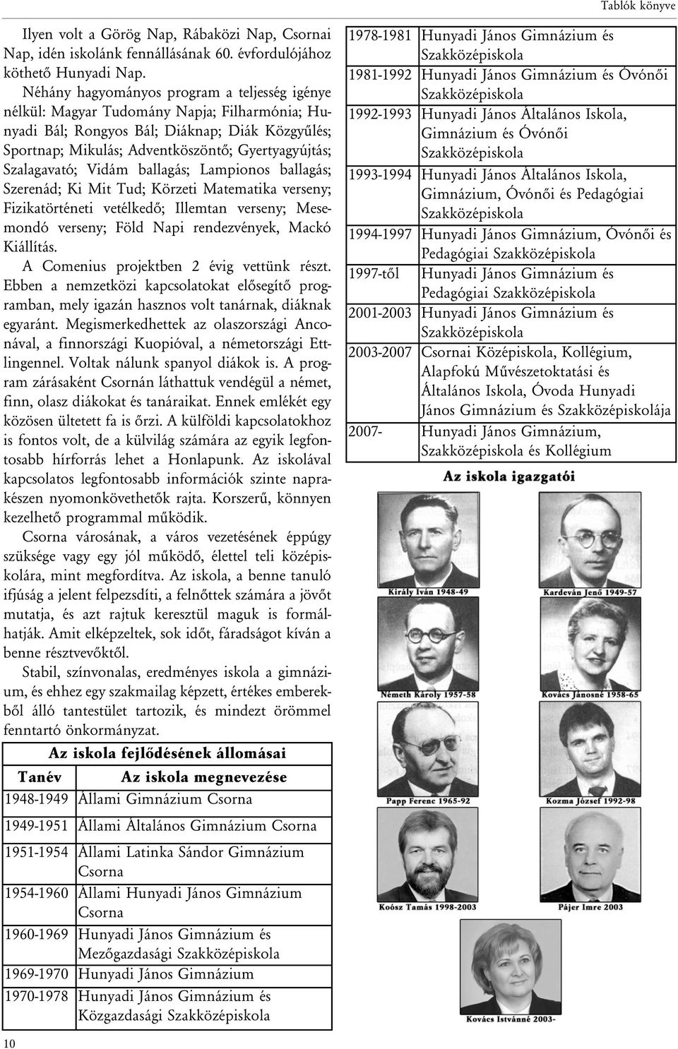Szalagavató; Vidám ballagás; Lampionos ballagás; Szerenád; Ki Mit Tud; Körzeti Matematika verseny; Fizikatörténeti vetélkedõ; Illemtan verseny; Mesemondó verseny; Föld Napi rendezvények, Mackó