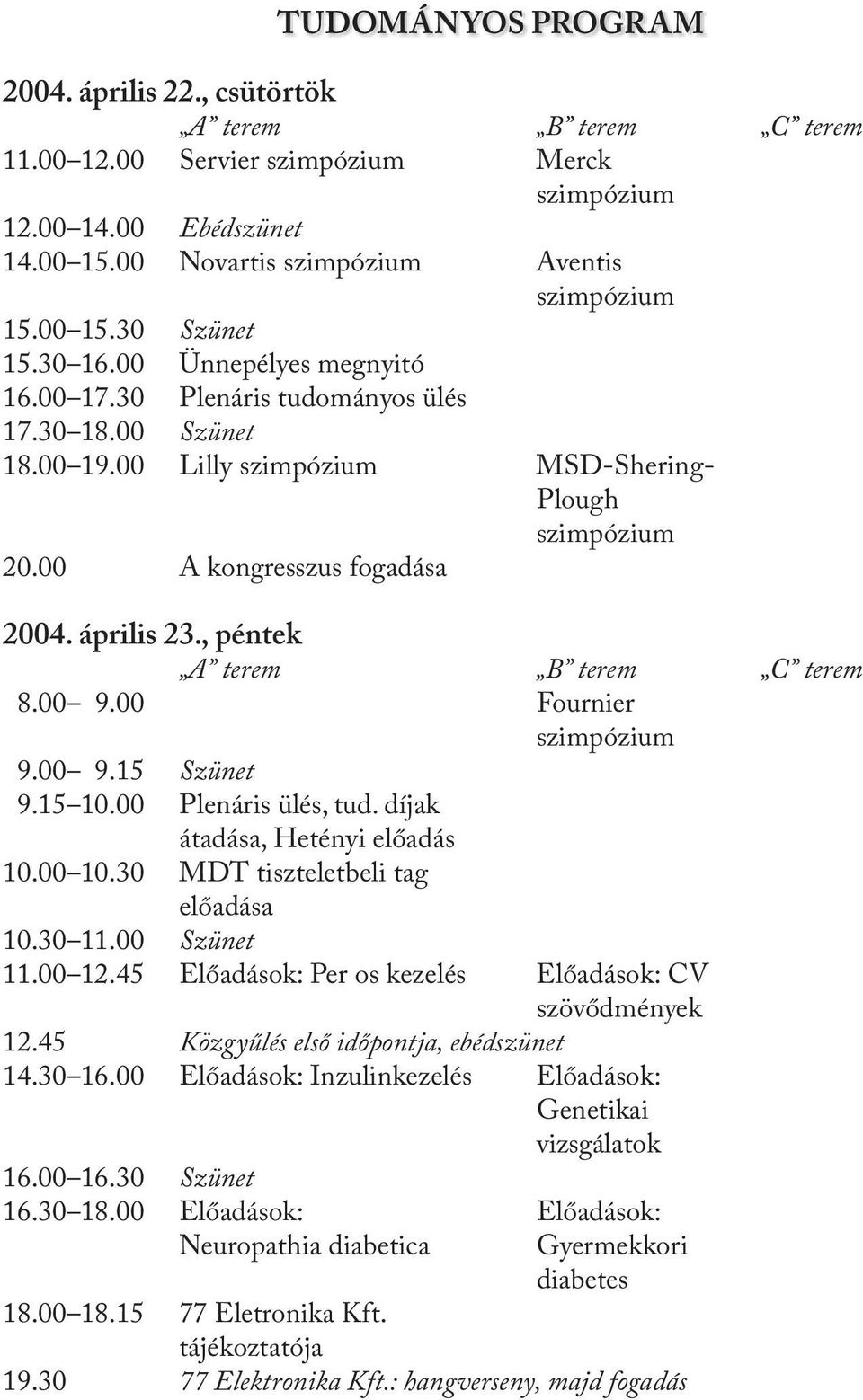 , péntek A terem B terem C terem 8.00 9.00 Fournier szimpózium 9.00 9.15 Szünet 9.15 10.00 Plenáris ülés, tud. díjak átadása, Hetényi előadás 10.00 10.30 MDT tiszteletbeli tag előadása 10.30 11.