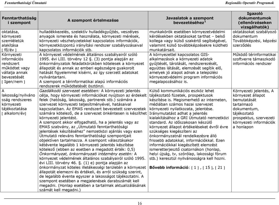 környezetközpontú irányítási rendszer szabályozásaival kapcsolatos információk stb. A környezet védelmének általános szabályairól szóló 1995. évi LIII. törvény 12.