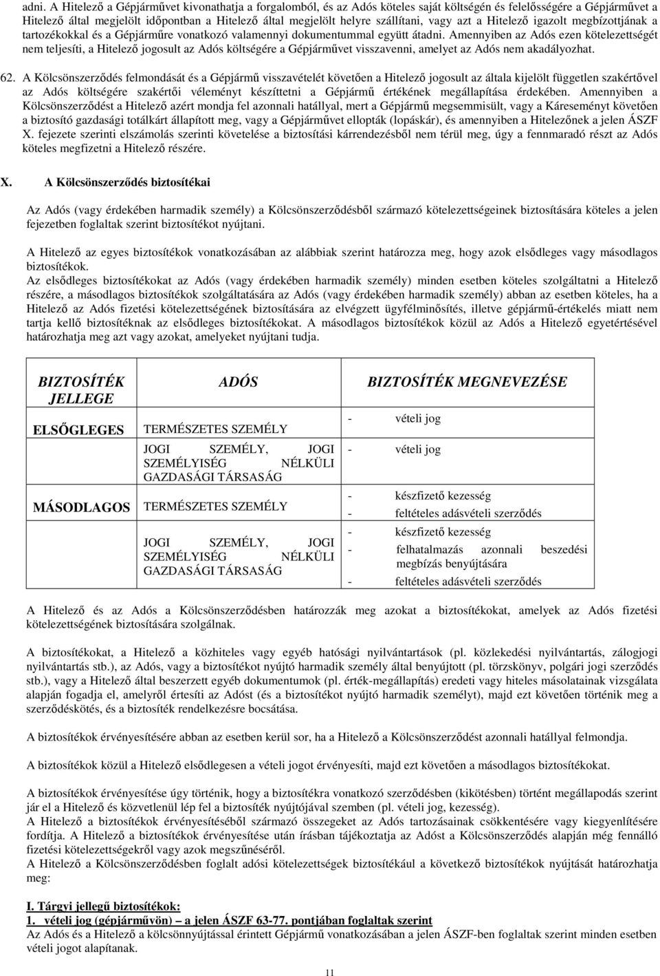 Amennyiben az Adós ezen kötelezettségét nem teljesíti, a Hitelezı jogosult az Adós költségére a Gépjármővet visszavenni, amelyet az Adós nem akadályozhat. 62.