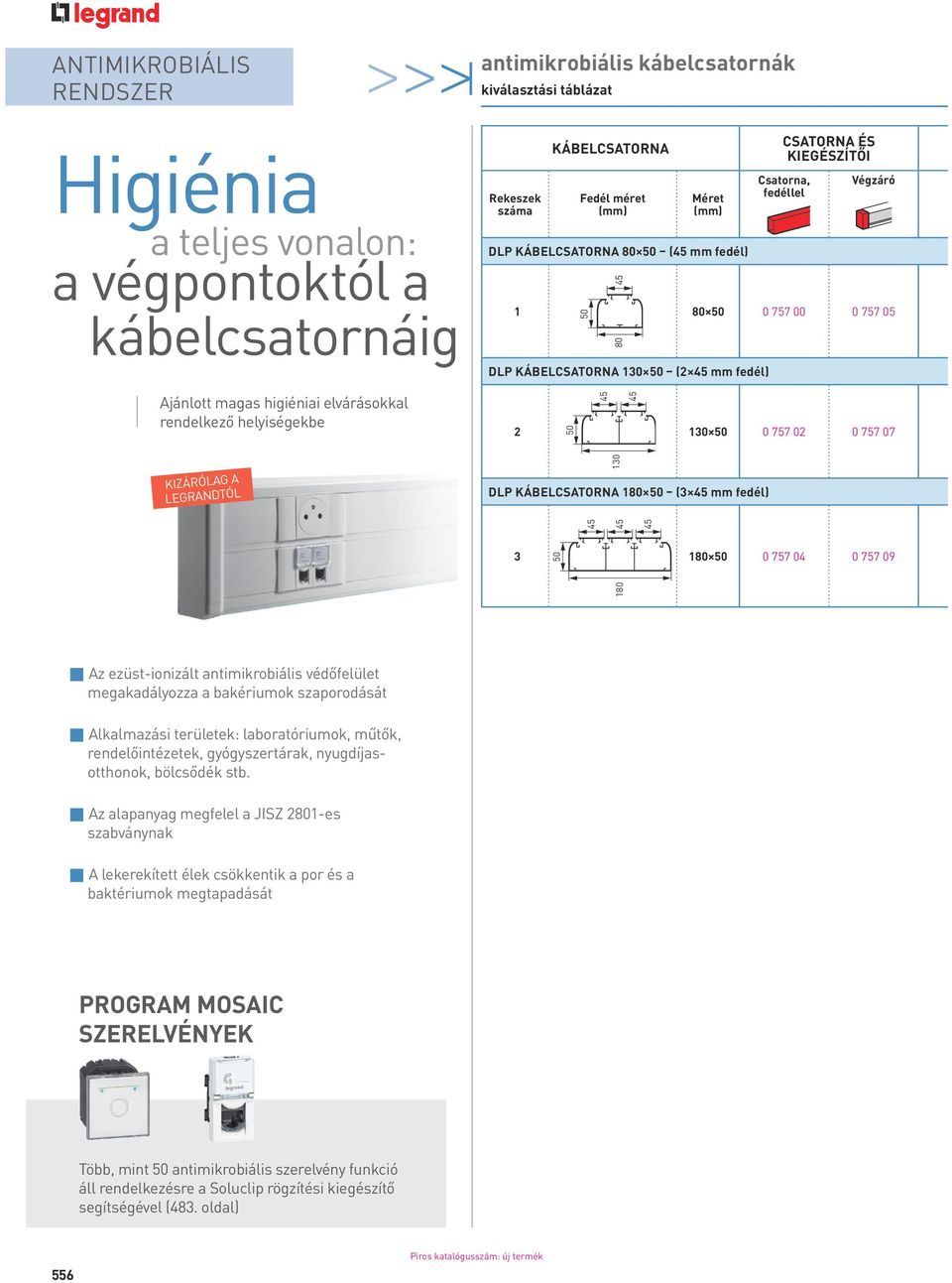 45 mm fedél) 2 130 50 0 757 02 0 757 07 50 50 45 80 45 45 Kizárólag a Legrandtól 130 dlp kábelcsatorna 180 50 (3 45 mm fedél) 3 180 50 0 757 04 0 757 09 180 45 45 50 45 p Az ezüst-ionizált