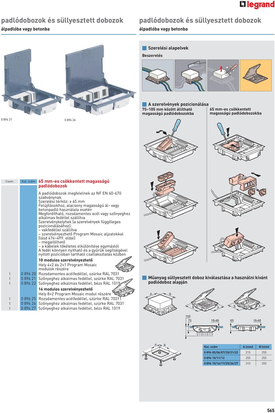 szám 65 mm-es csökkentett magasságú padlódobozok A padlódobozok megfelelnek az NF EN 60-670 szabványnak Szerelési térköz: 65 mm Felújításokhoz, alacsony magasságú ál- vagy betonpadló használata