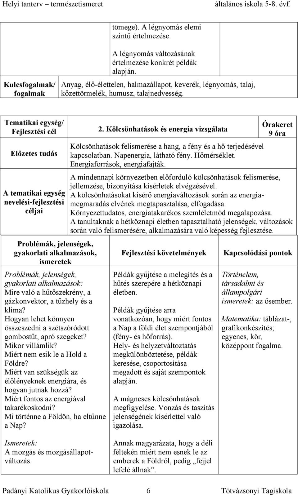 Tematikai egység/ Fejlesztési cél Előzetes tudás A tematikai egység nevelési-fejlesztési céljai Problémák, jelenségek, gyakorlati alkalmazások, Problémák, jelenségek, gyakorlati alkalmazások: Mire