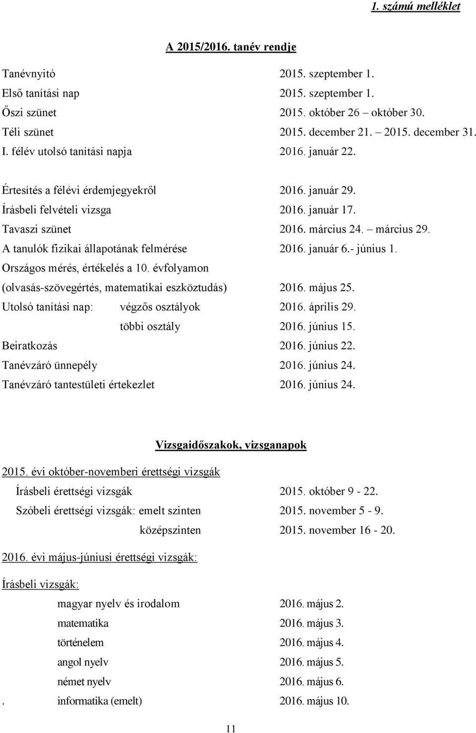 A tanulók fizikai állapotának felmérése 2016. január 6.- június 1. Országos mérés, értékelés a 10. évfolyamon (olvasás-szövegértés, matematikai eszköztudás) 2016. május 25.