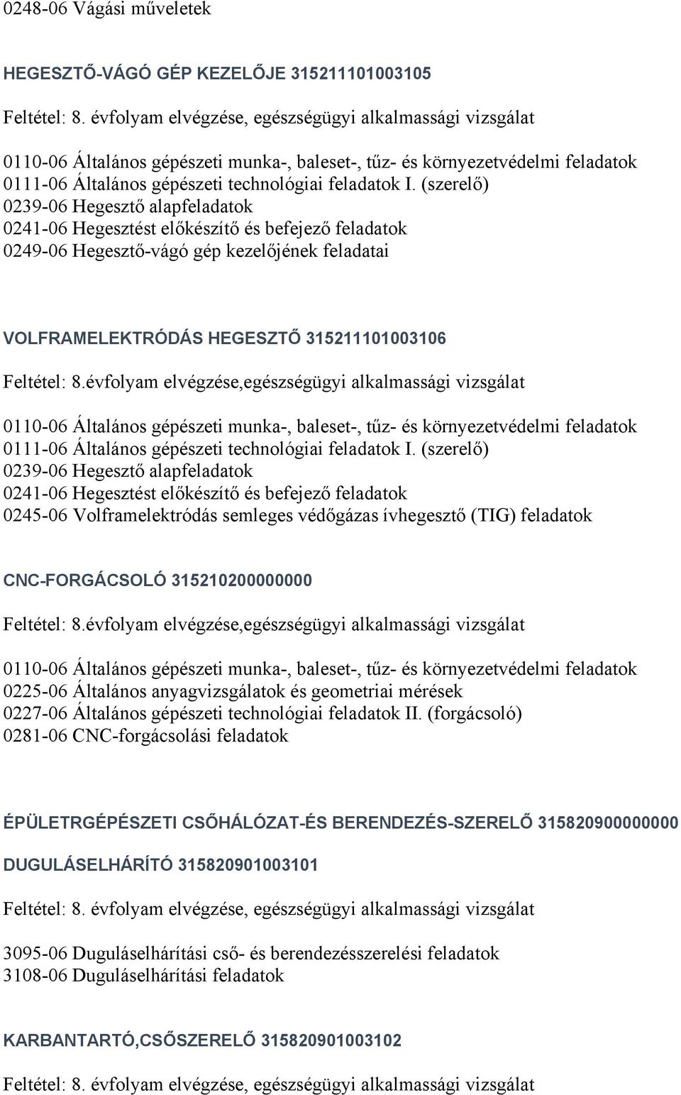 évfolyam elvégzése,egészségügyi alkalmassági vizsgálat 0245-06 Volframelektródás semleges védőgázas ívhegesztő (TIG) feladatok CNC-FORGÁCSOLÓ 315210200000000 évfolyam