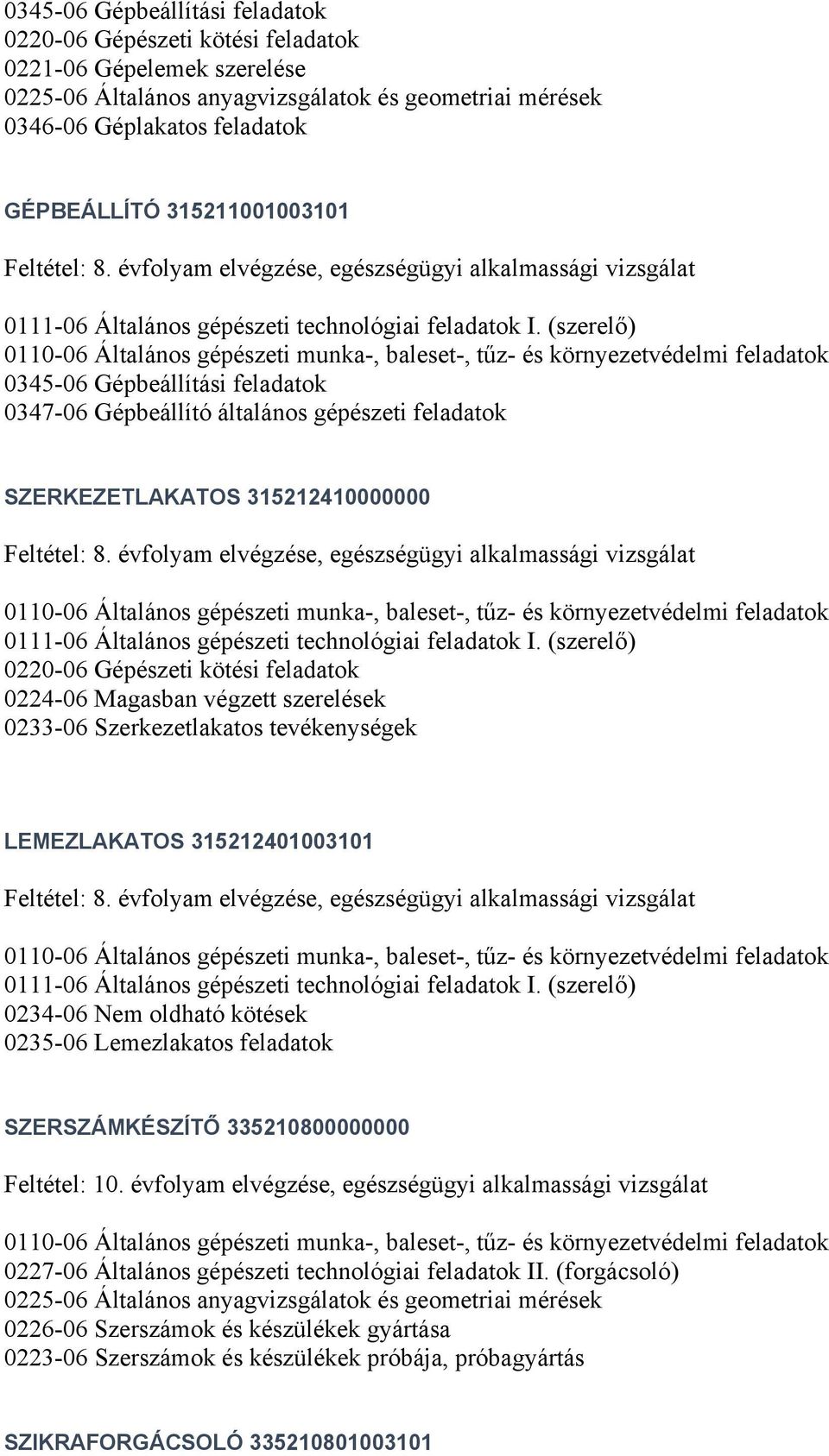 Szerkezetlakatos tevékenységek LEMEZLAKATOS 315212401003101 0234-06 Nem oldható kötések 0235-06 Lemezlakatos feladatok SZERSZÁMKÉSZÍTŐ 335210800000000 Feltétel: 10.