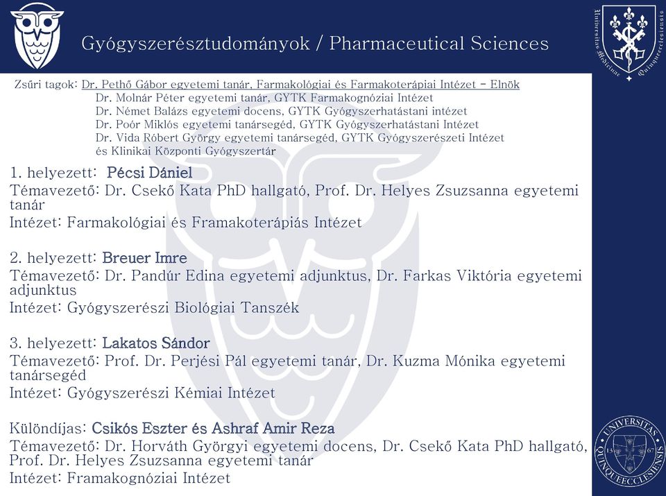 Vida Róbert György egyetemi tanársegéd, GYTK Gyógyszerészeti Intézet és Klinikai Központi Gyógyszertár 1. helyezett: Pécsi Dániel Témavezető: Dr.