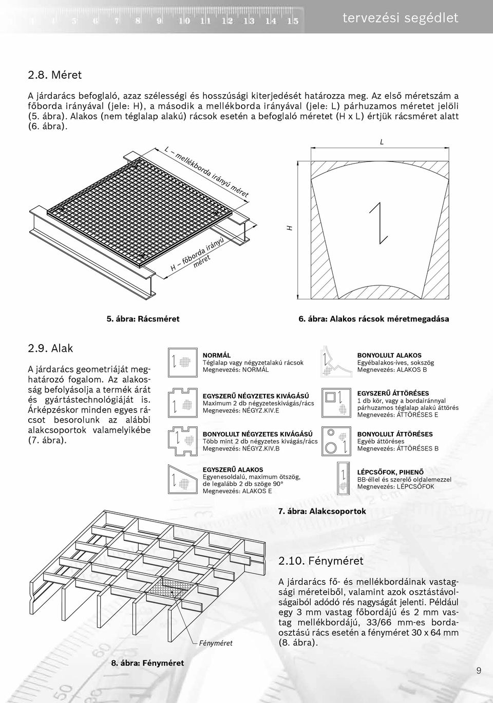 Alakos (nem téglalap alakú) rácsok esetén a befoglaló méretet (H x L) értjük rácsméret alatt (6. ábra). L L mellékborda irányú méret H H főborda irányú méret 5. ábra: Rácsméret 6.