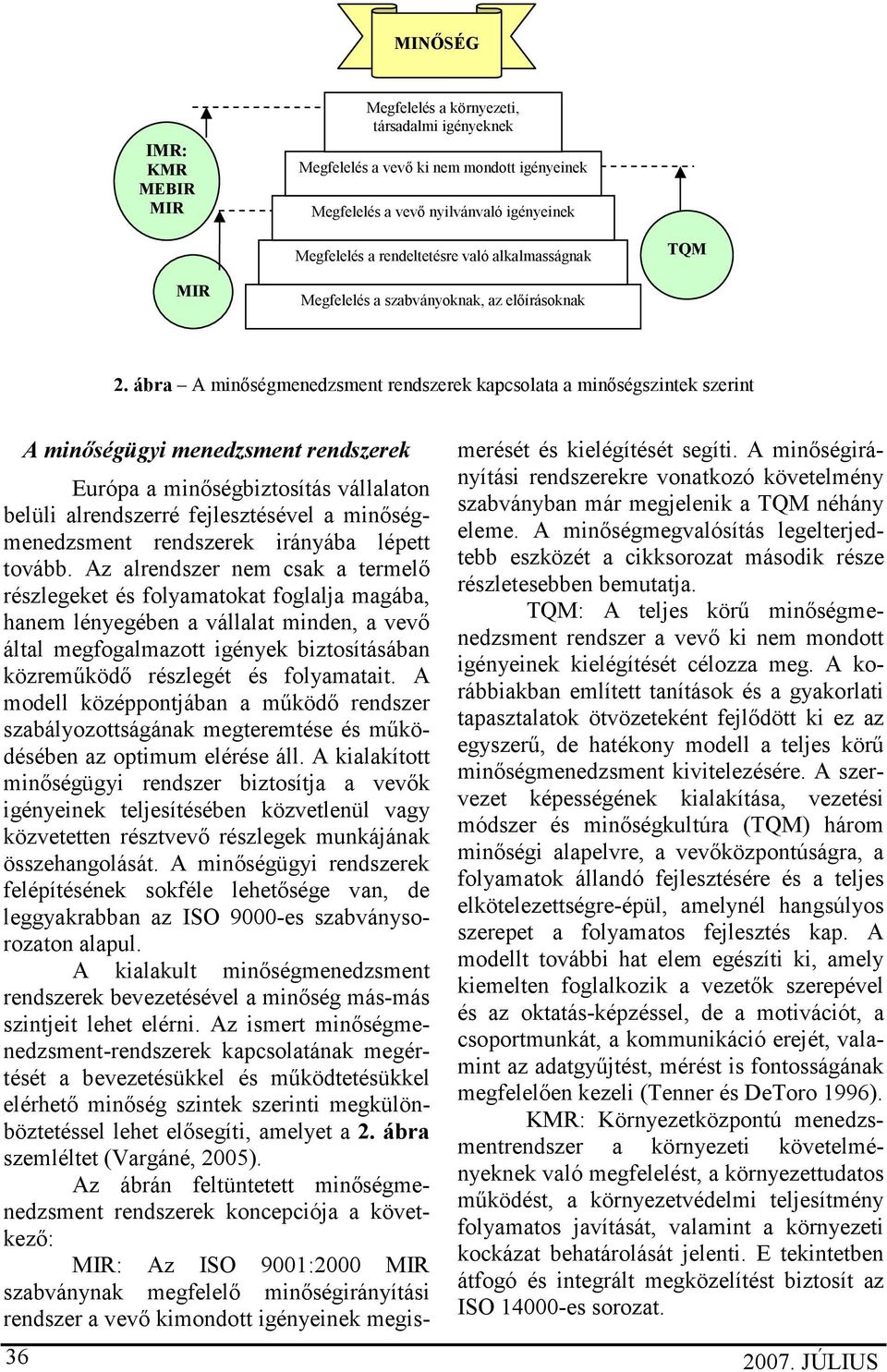 ábra A minőségmenedzsment rendszerek kapcsolata a minőségszintek szerint 36 A minőségügyi menedzsment rendszerek Európa a minőségbiztosítás vállalaton belüli alrendszerré fejlesztésével a