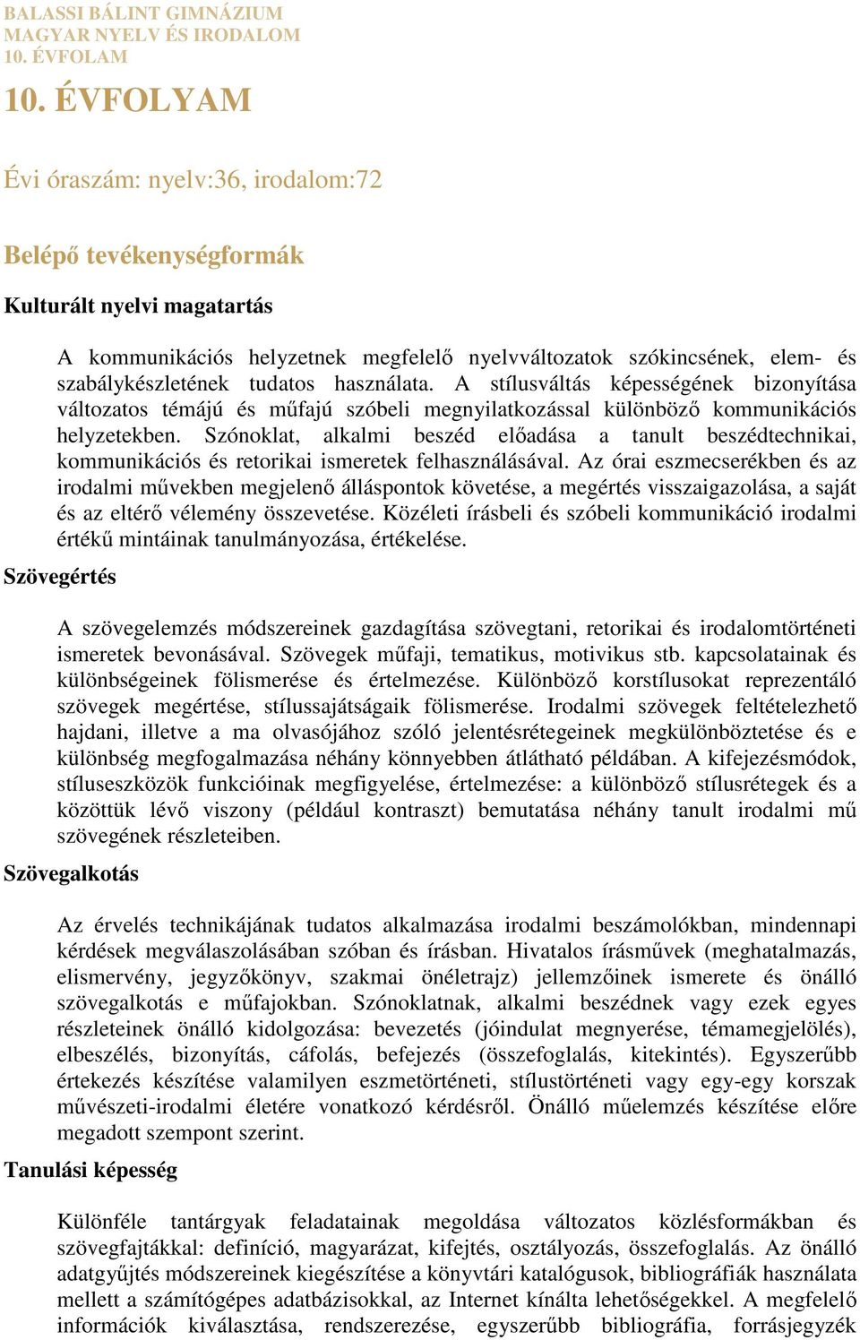 használata. A stílusváltás képességének bizonyítása változatos témájú és műfajú szóbeli megnyilatkozással különböző kommunikációs helyzetekben.