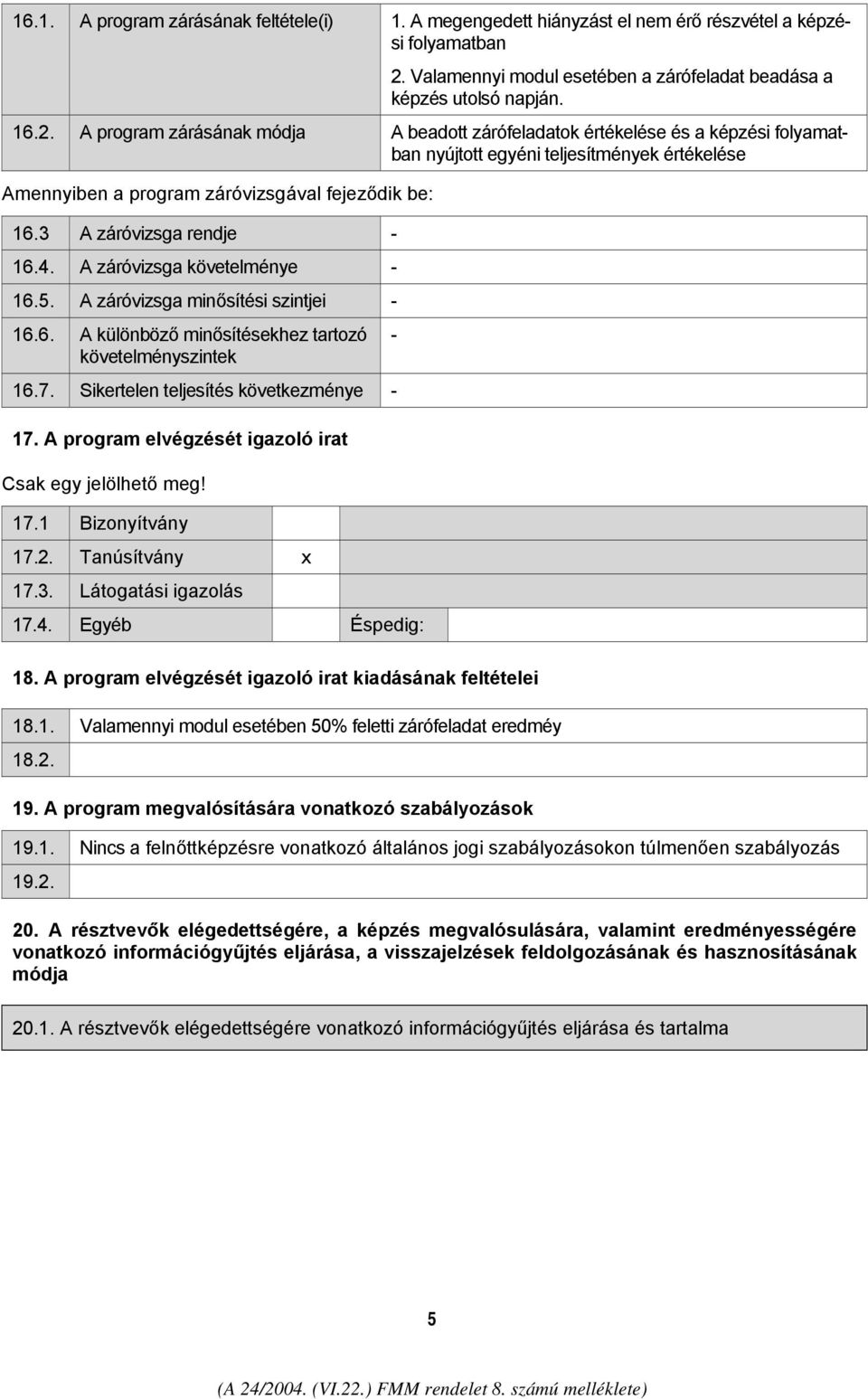 A program zárásának módja A beadott zárófeladatok értékelése és a képzési folyamatban nyújtott egyéni teljesítmények értékelése Amennyiben a program záróvizsgával fejeződik be: 16.