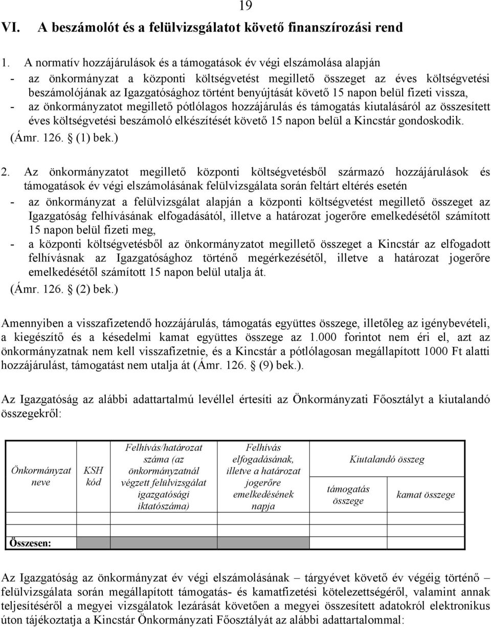benyújtását követő 15 napon belül fizeti vissza, - az önkormányzatot megillető pótlólagos hozzájárulás és támogatás kiutalásáról az összesített éves költségvetési beszámoló elkészítését követő 15