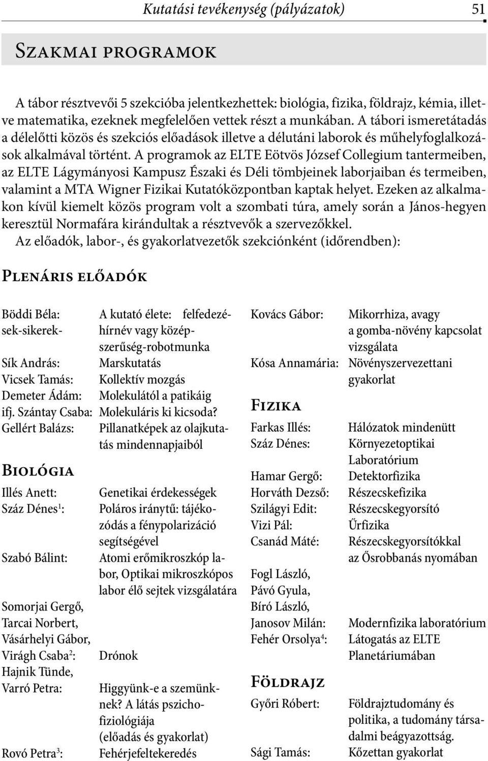 A programok az ELTE Eötvös József Collegium tantermeiben, az ELTE Lágymányosi Kampusz Északi és Déli tömbjeinek laborjaiban és termeiben, valamint a MTA Wigner Fizikai Kutatóközpontban kaptak helyet.