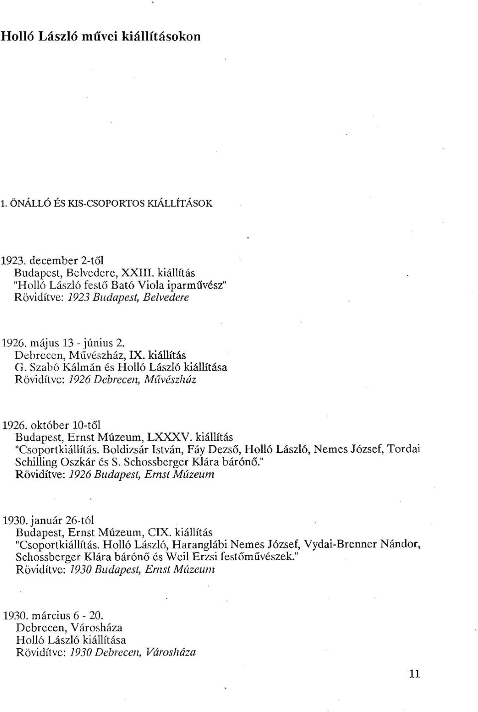 Szabó Kálmán és Holló László kiállítása Rövidítve: 1926 Debrecen, Művészház 1926. október 10-től Budapest, Ernst Múzeum, LXXXV. kiállítás "Csoportkiállítás.